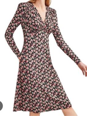 Boden Glorious British Floral Long-Sleeve Midi Dress with Pink and Cream Flowers
